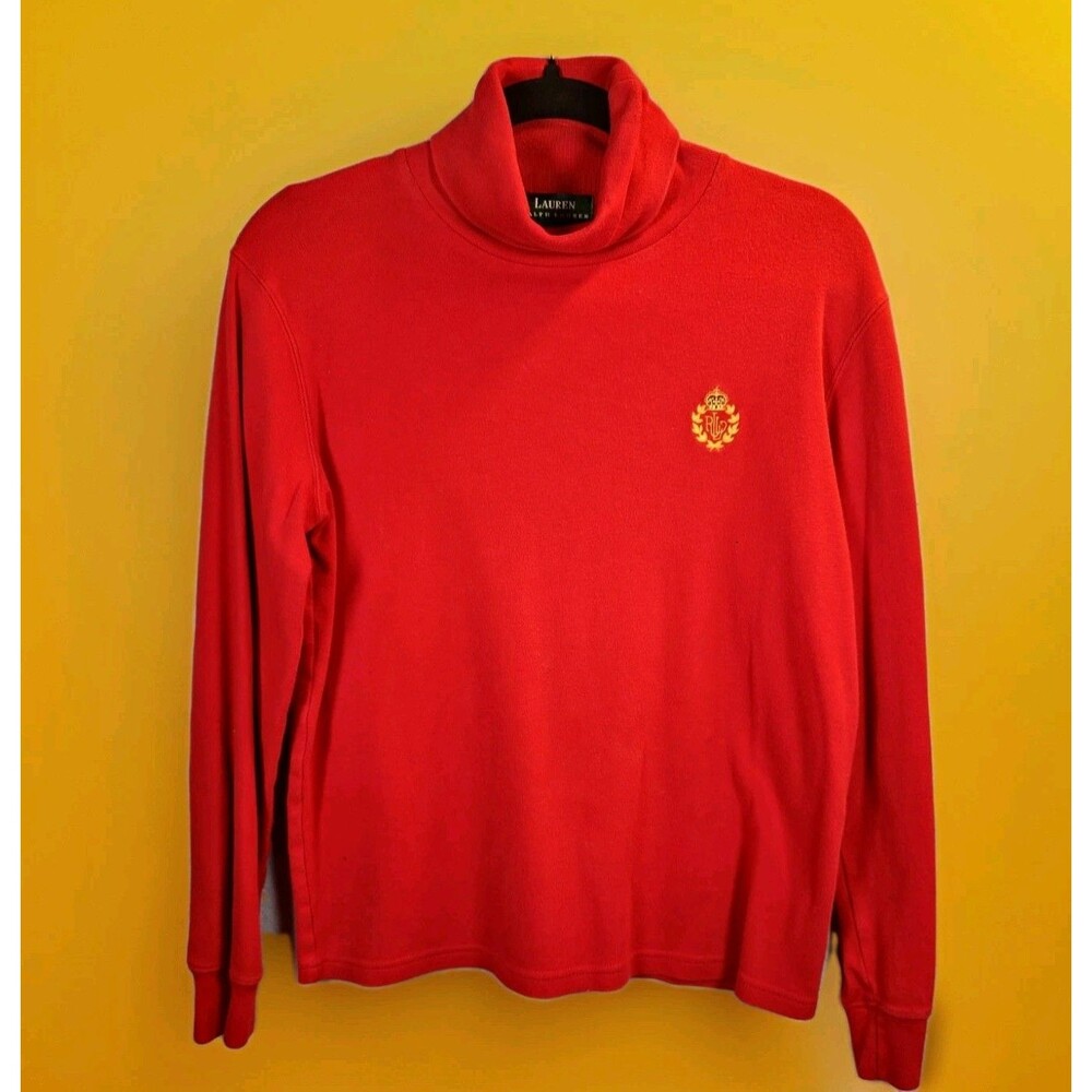 LRL Ralph Lauren Vintage Crest Turtleneck Shirt Womens Sz M Red Crown Preppy